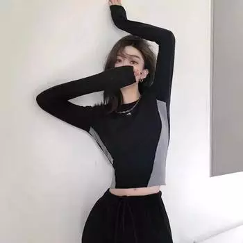 Сладкая и острая короткая футболка, облегающая женская футболка для ранней осени, облегающая одежда для джазовых танцев, джазовый топ, дизайн Sense Niche S чёрный