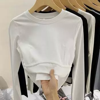 Сладкая и пряная облегающая внутренняя рубашка с длинными рукавами, однотонная короткая футболка для женщин, весна и осень, топ с высокой талией и пупком, модный S