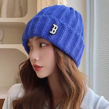 Сладкая и пряная защитная вязаная шапка для ушей, замедляющая старение, с объемной вышивкой в виде буквы B, однотонная защитная шерстяная шапка для ушей, студенческая зимняя шапка M56-58cm