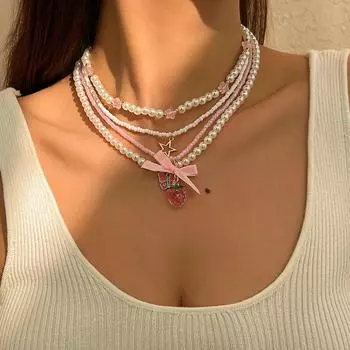 Сладкая клубника кулон ключица цепь ожерелье ювелирные изделия вечеринка подарок лето 2025 милые жемчужные бусины многослойные сплава ожерелья для женщин