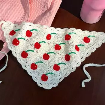 Сладкая Милая Клубника Вишня Ручная Вязка Крючком Ажурная Треугольная Повязка на Голову Полотенце Женская Весна Лето Путешествие Фото Волосы Шарф