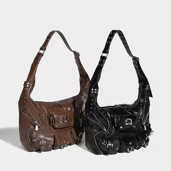 Сладкая прохладная специя модная универсальная сумка на плечо подмышкой локомотив тяжелая промышленность заклепки многокарманный дизайн большая вместительная сумка чёрный