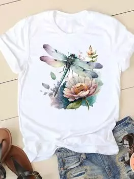 Сладкая стрекоза 90-х годов, тренд, милая модная женская рубашка с принтом, футболка с короткими рукавами, повседневная женская одежда, женская футболка с графикой S белый
