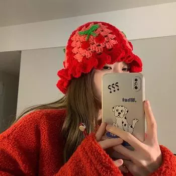 Сладкая вишня, вязаная вручную, женская шапка-горшок, весна-осень, повседневная, универсальная, полая, красная шерстяная шапка с изображением маленького лица M56-58cm красный