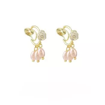 Сладкие эмалированные цветы, розовые серьги с искусственным жемчугом, элегантные спирали от комаров, зажим для ушей без отверстий для ушей