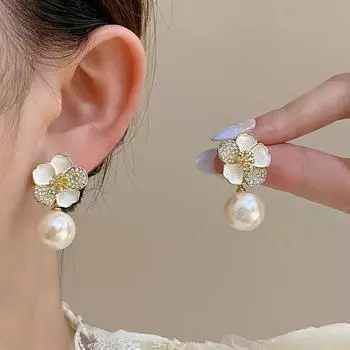 Сладкие капли масла циркон жемчуг цветок серьги с легким роскошным темпераментом и усовершенствованные серьги ювелирные изделия