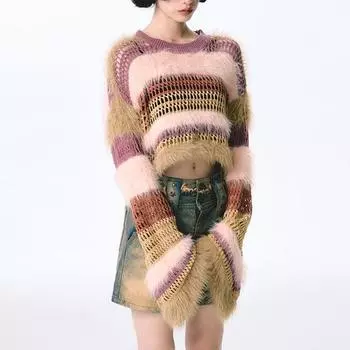 Сладкие кавайные полосатые свитера с круглым вырезом, новые осенние ажурные пушистые укороченные топы, женские свободные вязаные пуловеры с длинными рукавами Y2k S розовый