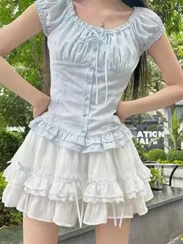 Сладкие лоскутные комплекты из двух предметов с рюшами, женские топы с квадратным вырезом + плиссированные юбки трапециевидной формы, женские уличные костюмы с воланами в стиле каваи, вечерние пляжные костюмы S синий