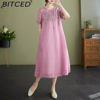 Сладкие модные простые летние новые литературные льняные хлопковые вышивки для отдыха, свободные платья с короткими рукавами M синий