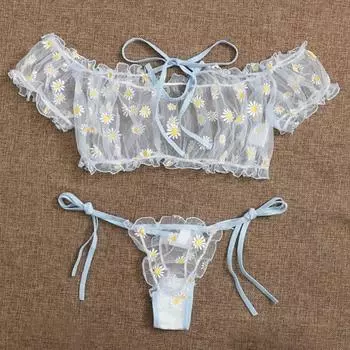 Сладкие сексуальные ромашки с цветочным принтом с открытыми плечами, комплекты из 2 предметов, прозрачное нижнее белье Babydoll, женские сетчатые топы на шнуровке + трусики-стринги, одежда для сна 3XL небесно-голубой