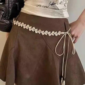 Сладкие тканые платья с цветочным принтом на талии, женские платья в национальном стиле, новый дизайн платья, универсальная юбка с поясом, веревка, корейская мода one size чёрный