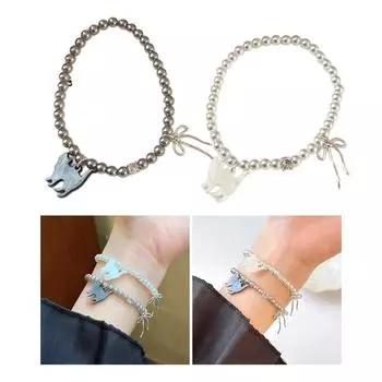 Сладкий браслет с бантом, регулируемый браслет, модные украшения на запястье, элегантный браслет с подвеской в виде кошек, браслет для женщин и девочек белый