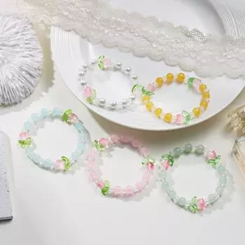 Сладкий браслет-тюльпан для женщин, элегантный браслет-цветок с бусинами и эластичной веревкой, подарок на вечеринку для девочек белый