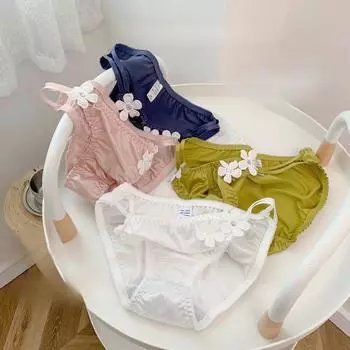 Сладкий цветочный чай женское нижнее белье молочный шелк гладкий атлас трусы вышитые бикини трусики сексуальный тонкий пояс высокая вилка низкая талия трусики женские L