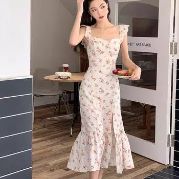 Сладкий цветочный принт с высокой талией, женское платье макси, женская одежда, женские летние платья с цветочным принтом S