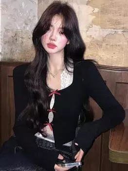 Сладкий и пряный чистый желанный вязаный кардиган женский ранняя осень кружевной внутренний дизайн чувство нишевый шикарный топ с длинными рукавами S 80-45kg