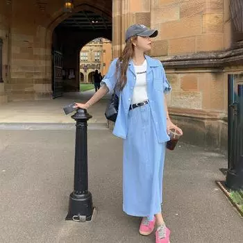 Сладкий и пряный джинсовый костюм, уличная юбка, женский летний комплект из двух предметов: тонкая рубашка с короткими рукавами и юбка в стиле ретро S