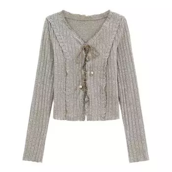 Сладкий и пряный тонкий вязаный кардиган с длинными рукавами для женщин, ранняя осень, новый дизайн на бретелях, утягивающий короткий топ с V-образным вырезом и длинными рукавами One Size