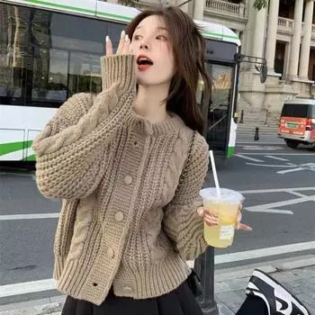 Сладкий и пряный вязаный кардиган, женское осеннее винтажное пальто, уменьшающее возраст, тонкий свитер с жареным тестом под животом, женский топ One Size хаки