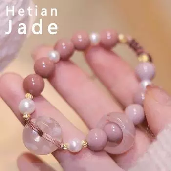 Сладкий натуральный Hetian нефритовый браслет из агатовых бусин вишневого цвета для женщин розовый