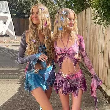 Сладкий расклешенный рукав с принтом бабочки, комплект из трех предметов, юбки, женские юбки на шнуровке с кисточками, сексуальный полый комплект с короткой юбкой, уличный комплект с высокой талией, Y2K, юбки, костюм 24398 S зелёный