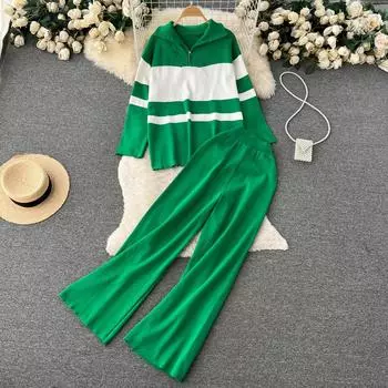 Сладкий темперамент, трикотажная рубашка с длинными рукавами и широкими штанинами с высокой талией, комплект из двух предметов One Size зелёный