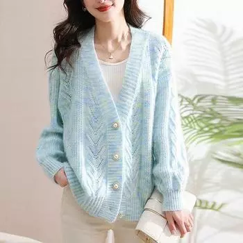 Сладкий V-образный вырез на пуговицах, полые красочные трикотажные изделия, модный кардиган с длинными рукавами, свитер, пальто, корейский стиль, темперамент, свободные топы, кардиганы 28967 One Size розовый