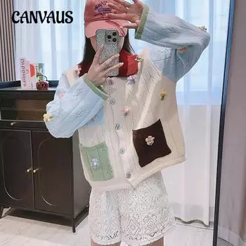 Сладкое старение Нежный ветер Трехмерные цветы Кукольный воротник Свитер Кардиган Женская осенне-зимняя вязаная куртка One size бежевый