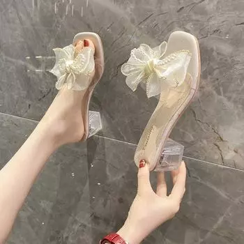 Слайды Off White Shoes Transparent Jewels Summer 2024 Прозрачные женские тапочки и сандалии из горного хрусталя с бантами и кристаллами I 39 34