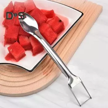 Слайсер для арбуза Легко чистится Удобный инструмент для резки арбуза Двусторонний слайсер с вилкой для дома серебряный