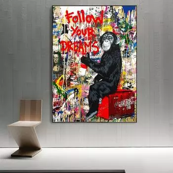 Следуйте за своей мечтой, граффити, художественные постеры и принты, Бэнкси, обезьяна, уличное искусство, современные модные картины на холсте для гостиной 20x30cm no frame