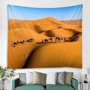 Следы пустыни на песчаных дюнах на рассвете. Горячий Дубай. Живописное туристическое место. Спальня. Широкий настенный гобелен. 100x75cm