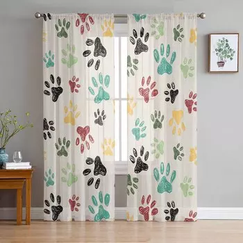 Следы животных граффити льняная ткань оконные тюлевые шторы для гостиной спальни отеля роскошное украшение прозрачные шторы 135W x 114H(cm)