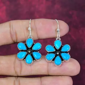 Sleeping Beauty Turquoise Earrings, 925 Solid Sterling Silver Gemstone Jewelry, Handmade Earrings 1.77 Inches