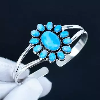 Sleeping Beauty Turquoise Gemstone Handmade Cuff Bangle 925 Sterling Silver Cuff Bangle, Turquoise Flower Shape Bracelet For Wife, Unisex Bangle 7 синий