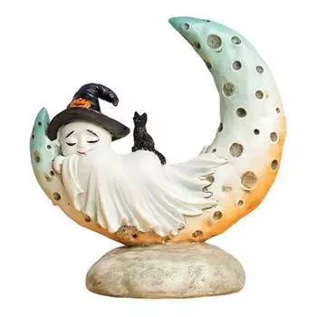 Sleeping Ghost on A Moon Statue Halloween Ghost Sleeping Figurine with Black Cat Cute Resin Ghost Sculpture for Home Tabletop Shelf Decor белый