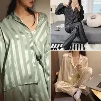 Sleepwear Ladies Spring and Summer Ice Silk Girls Homewear Long-Sleeved Trousers Simulation Silk Green Striped Pajamas Set M чёрный