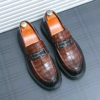 Sleeve feet men s casual leather shoes thick-soled lazy one-pedal casual British style new trendy men s round head men s leather shoes 38