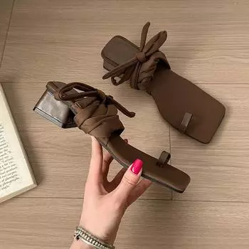 Sleeve toe strap sandals spring versatile cross strap square head medium thick heel high heel 35