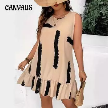 Платье без рукавов с круглым вырезом и принтом темперамента, короткое платье больших размеров L хаки