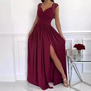 Sleeveless Lace Backless Hem Split European and American Women s Dress S