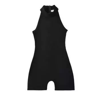 Sleeveless Narrow Shoulder Halter One-Piece Women s T-shirt Stretch Silm Simple European and American Style Outwear Stylish Crotch One-Piece Tops Black S