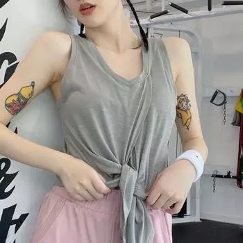 Sleeveless Sports Vest Blouse Split Knotted Crop-Top Tight-Fitting Quick-Drying Tops Outerwear Yoga Short Sleeve Running T-Shirt Grey M
