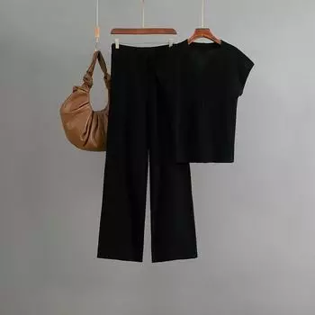 Sleeveless V-neck Knitted Top Fashion Set Women s Casual Pants Two Piece Set OneSize чёрный
