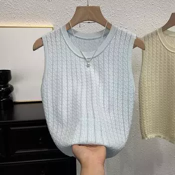 Безрукавные женские трикотажные майки, модная новая однотонная повседневная верхняя одежда, летний жилет для женщин, облегающий крой, круглый вырез, офисные женские майки 24748 One Size белый