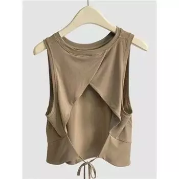 Sleeveless Yoga Clothing Top Women s Quick-Drying Breathable Running Sports Short Sleeve Casual Outdoor Workout Beauty Back Vest Blouse Khakis M