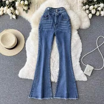 Слегка расклешенные прямые джинсы RUGOD, новый дизайн, весна-лето 2022, узкие брюки с высокой талией и грубым подолом