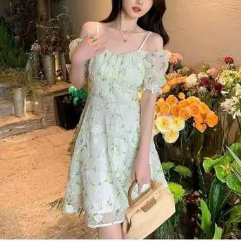 Слегка толстое платье с фрагментарным цветком и вышивкой, пляжная фея, ремень для подвешивания на плече, короткая юбка, закрывающая плечи и живот S