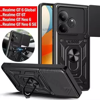 Slide Camera Funda для Realme GT 6 Global Case Push Lens Ring Stand Защитный чехол для Realme GT 6 6T Neo 6 SE Противоударный чехол Realme GT 6 Global чёрный