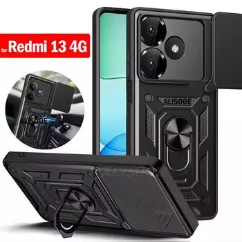 Slide Camera Funda для Redmi 13 4G Чехол Push Lens Ring Stand Защитный чехол для Xiaomi Redmi 13 4G Противоударный чехол for Redmi 13 4G чёрный
